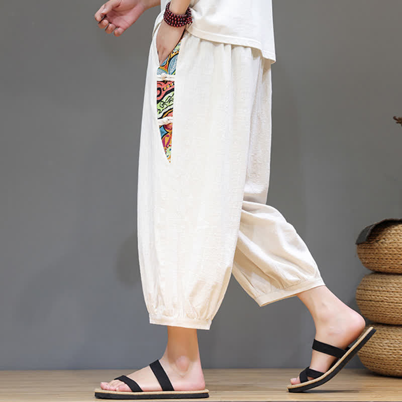Buddha Stones Sommerliche Caprihose für Herren mit Tribal-Seitenstreifen, Kordelzug im Bund und Taschen - image 5
