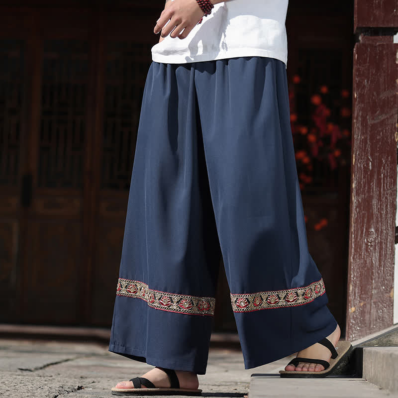 Buddha Stones Sommerliche Herren-Baumwollhose mit besticktem Saum, elastischem Bund, kurzem Schnitt, weitem Bein und Taschen - image 0