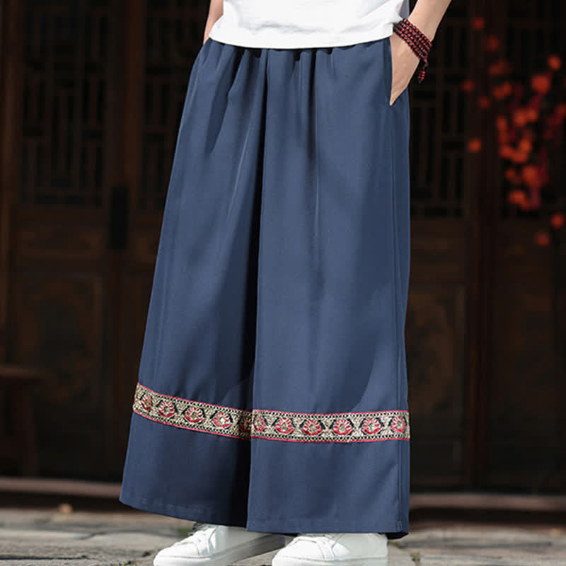 Buddha Stones Sommerliche Herren-Baumwollhose mit besticktem Saum, elastischem Bund, kurzem Schnitt, weitem Bein und Taschen - image 2
