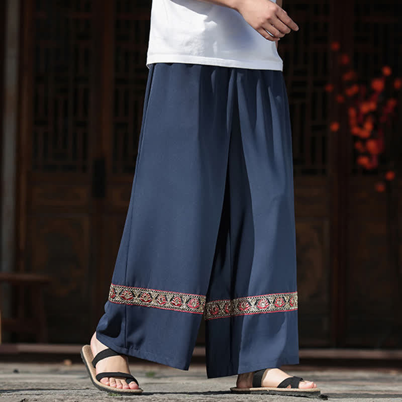 Buddha Stones Sommerliche Herren-Baumwollhose mit besticktem Saum, elastischem Bund, kurzem Schnitt, weitem Bein und Taschen - image 5