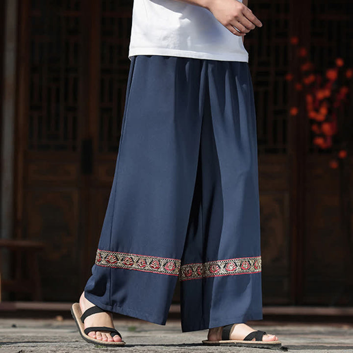 Buddha Stones Sommerliche Herren-Baumwollhose mit besticktem Saum, elastischem Bund, kurzem Schnitt, weitem Bein und Taschen - image 5
