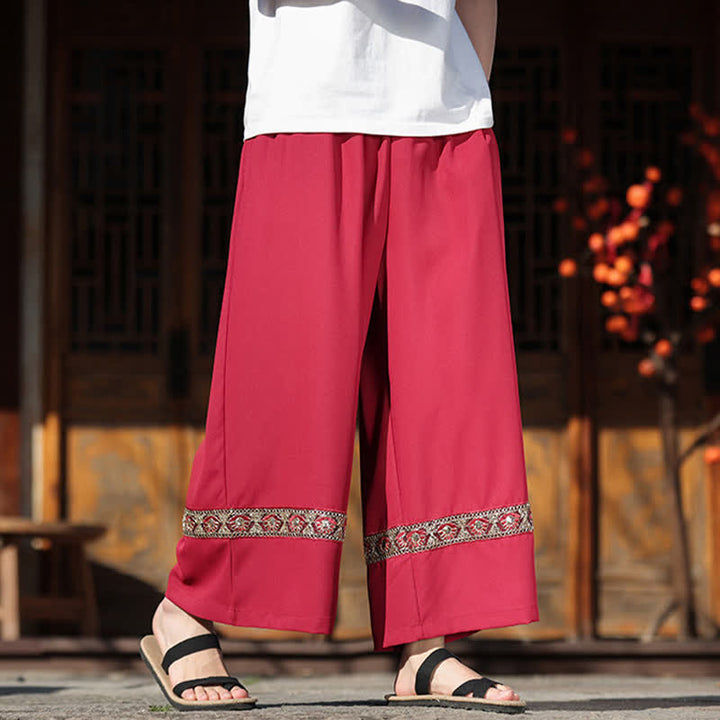Buddha Stones Sommerliche Herren-Baumwollhose mit besticktem Saum, elastischem Bund, kurzem Schnitt, weitem Bein und Taschen - image 11