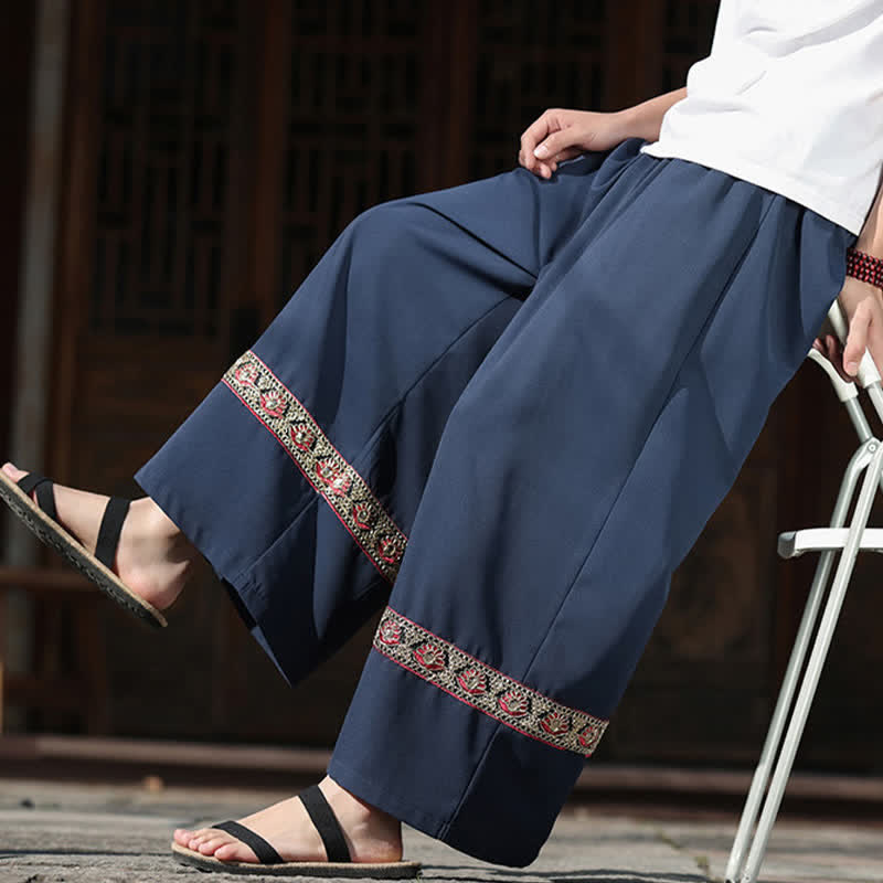 Buddha Stones Sommerliche Herren-Baumwollhose mit besticktem Saum, elastischem Bund, kurzem Schnitt, weitem Bein und Taschen - image 3