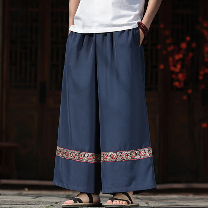 Buddha Stones Sommerliche Herren-Baumwollhose mit besticktem Saum, elastischem Bund, kurzem Schnitt, weitem Bein und Taschen - image 4