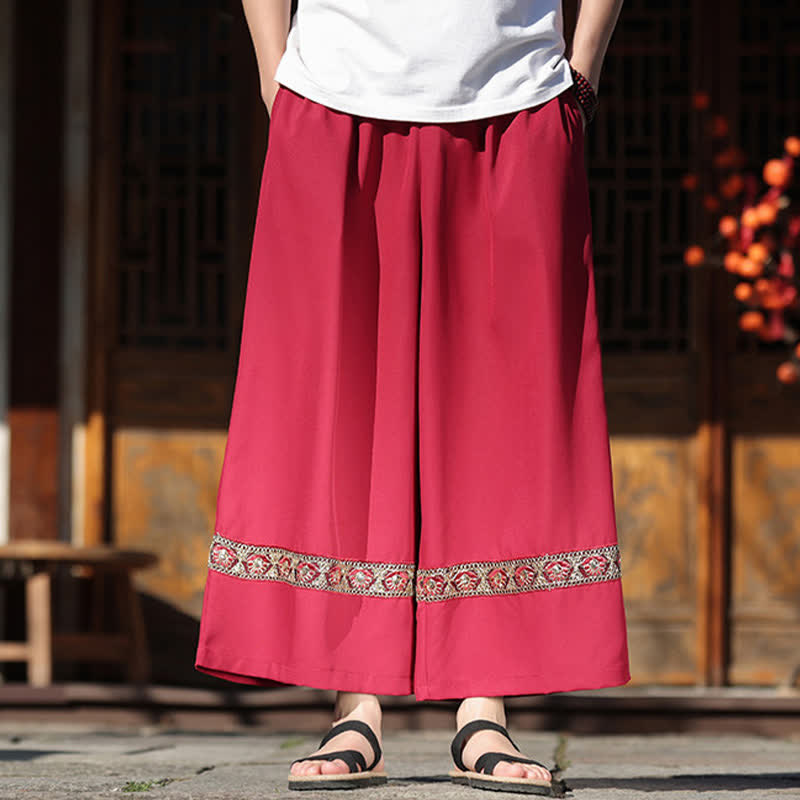 Buddha Stones Sommerliche Herren-Baumwollhose mit besticktem Saum, elastischem Bund, kurzem Schnitt, weitem Bein und Taschen - image 8