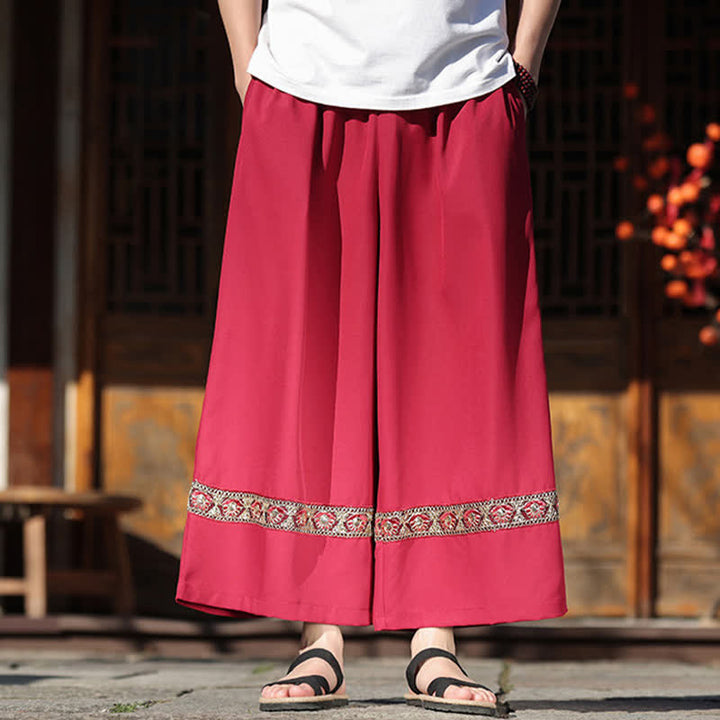 Buddha Stones Sommerliche Herren-Baumwollhose mit besticktem Saum, elastischem Bund, kurzem Schnitt, weitem Bein und Taschen - image 8