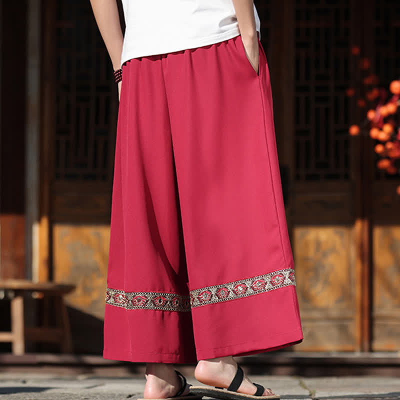 Buddha Stones Sommerliche Herren-Baumwollhose mit besticktem Saum, elastischem Bund, kurzem Schnitt, weitem Bein und Taschen - image 9