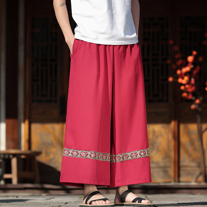 Buddha Stones Sommerliche Herren-Baumwollhose mit besticktem Saum, elastischem Bund, kurzem Schnitt, weitem Bein und Taschen - image 7
