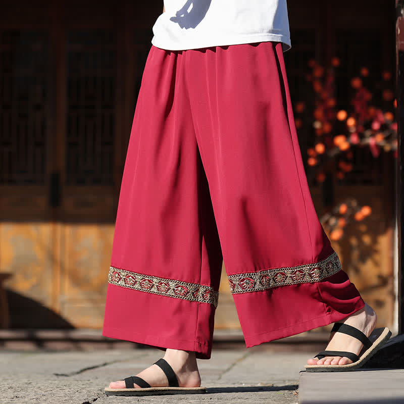 Buddha Stones Sommerliche Herren-Baumwollhose mit besticktem Saum, elastischem Bund, kurzem Schnitt, weitem Bein und Taschen - image 6
