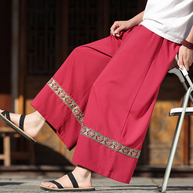 Buddha Stones Sommerliche Herren-Baumwollhose mit besticktem Saum, elastischem Bund, kurzem Schnitt, weitem Bein und Taschen - image 10