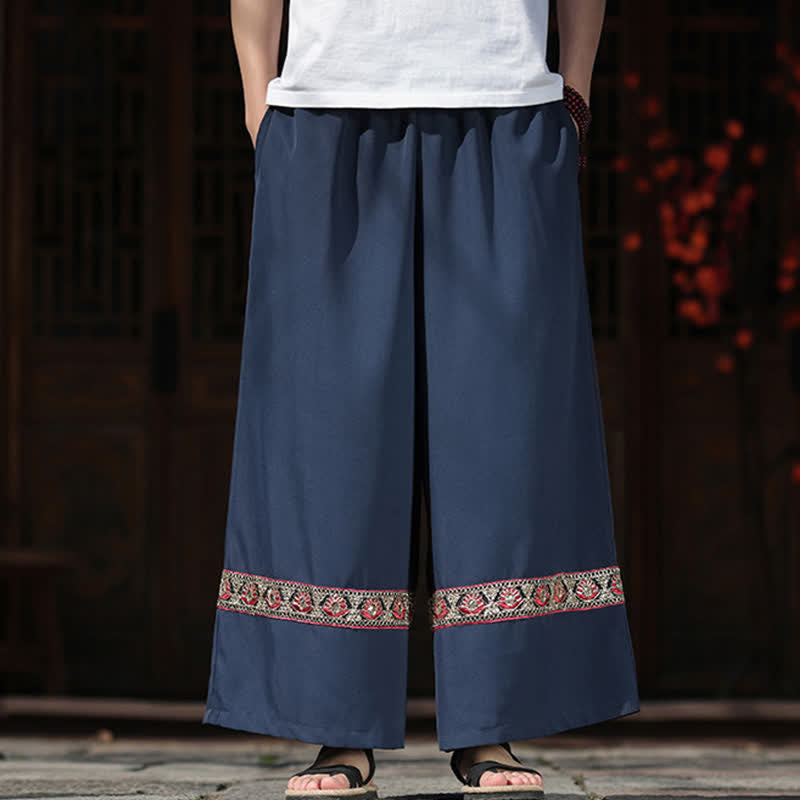 Buddha Stones Sommerliche Herren-Baumwollhose mit besticktem Saum, elastischem Bund, kurzem Schnitt, weitem Bein und Taschen - image 1