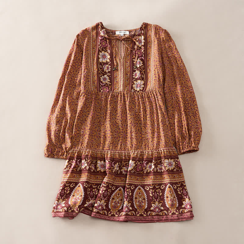 Buddha Stones Boho-Minikleid für Damen mit floralem Paisley-Muster, Armbändern, Puffärmeln und Bindekragen für den Herbst. - Peru - US2, UK/AU6, EU34 (S) - image 6