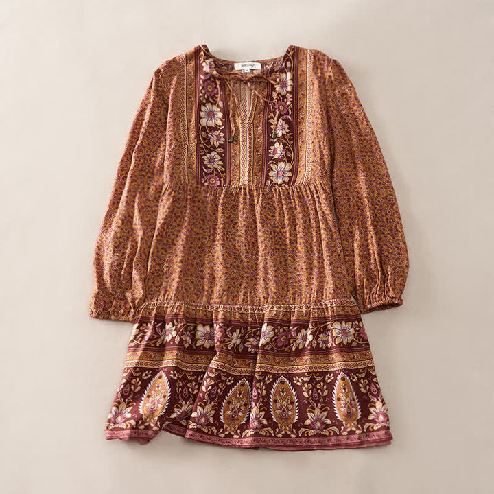 Buddha Stones Boho-Minikleid für Damen mit floralem Paisley-Muster, Armbändern, Puffärmeln und Bindekragen für den Herbst. - Peru - US2, UK/AU6, EU34 (S) - image 6