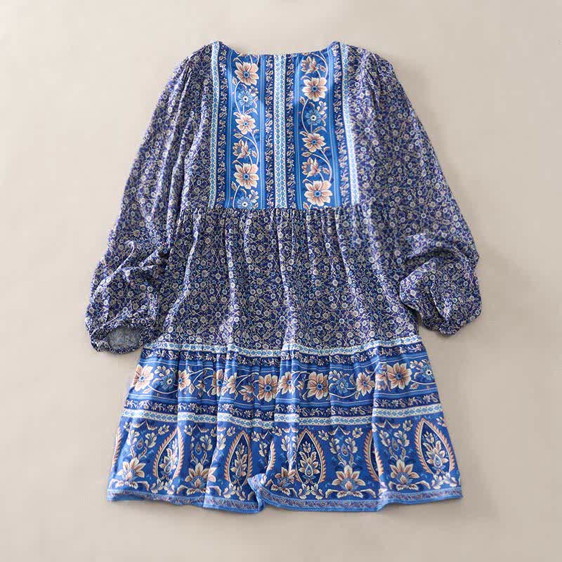 Buddha Stones Boho-Minikleid für Damen mit floralem Paisley-Muster, Armbändern, Puffärmeln und Bindekragen für den Herbst. - Königsblau - US2, UK/AU6, EU34 (S) - image 1
