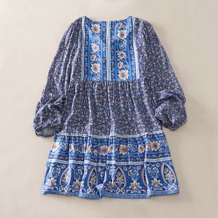Buddha Stones Boho-Minikleid für Damen mit floralem Paisley-Muster, Armbändern, Puffärmeln und Bindekragen für den Herbst. - Königsblau - US2, UK/AU6, EU34 (S) - image 1