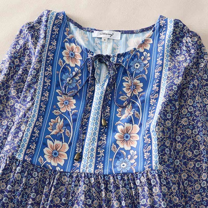 Buddha Stones Boho-Minikleid für Damen mit floralem Paisley-Muster, Armbändern, Puffärmeln und Bindekragen für den Herbst. - image 2