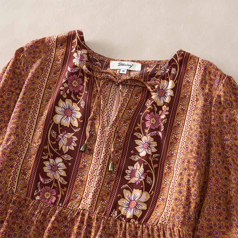Buddha Stones Boho-Minikleid für Damen mit floralem Paisley-Muster, Armbändern, Puffärmeln und Bindekragen für den Herbst. - image 7