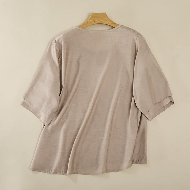 Buddha Stones Frühlingshafte Boho-T-Shirts für Damen aus Baumwoll-Leinen-Mischgewebe mit Stickerei und Ellbogenlänge - image 19