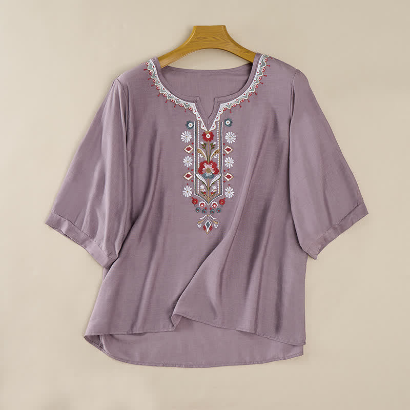 Buddha Stones Frühlingshafte Boho-T-Shirts für Damen aus Baumwoll-Leinen-Mischgewebe mit Stickerei und Ellbogenlänge - image 7