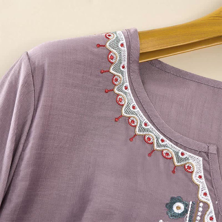 Buddha Stones Frühlingshafte Boho-T-Shirts für Damen aus Baumwoll-Leinen-Mischgewebe mit Stickerei und Ellbogenlänge - image 10