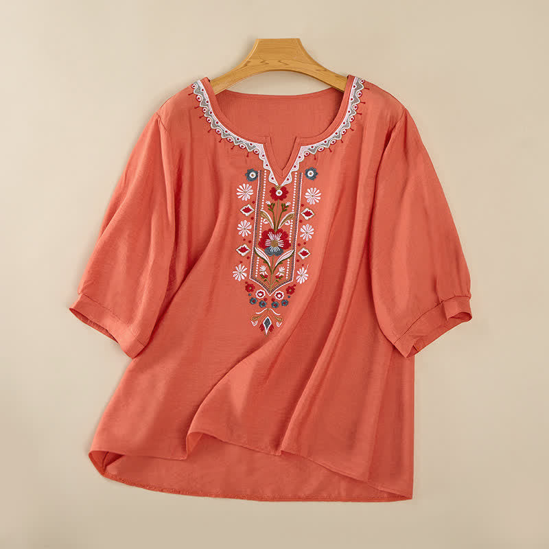 Buddha Stones Frühlings-Boho-T-Shirts mit Stickerei und ellbogenlangen Ärmeln für Damen - Orange - US16, UK/AU20, EU48 (3XL) - image 0