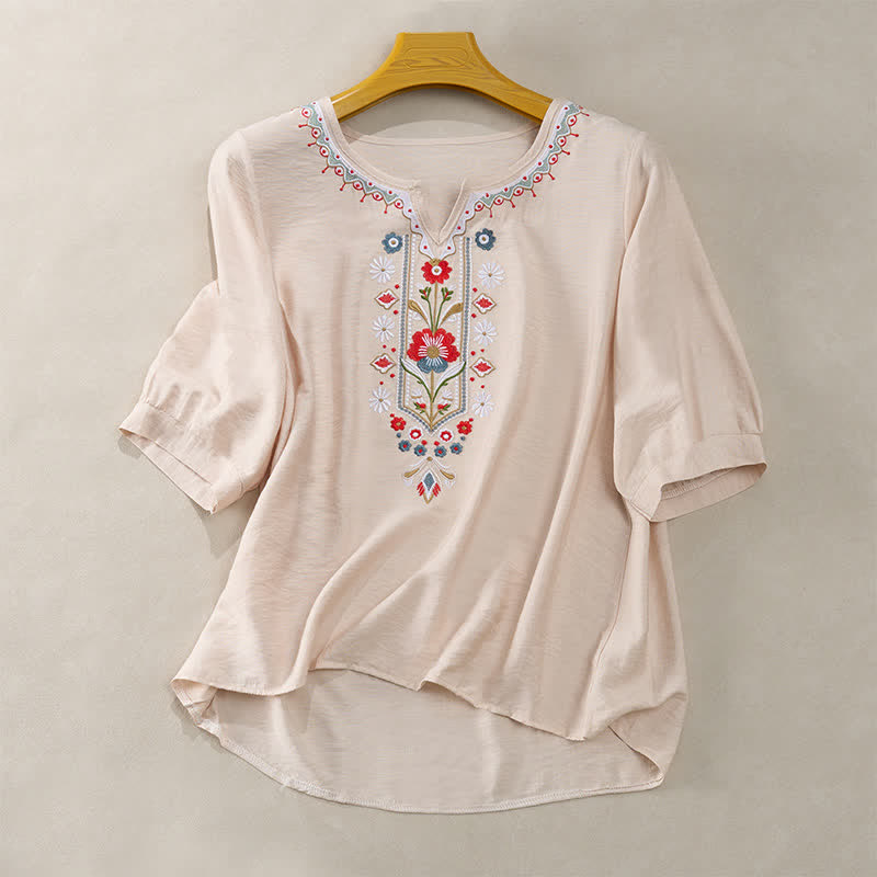 Buddha Stones Frühlings-Boho-T-Shirts mit Stickerei und ellbogenlangen Ärmeln für Damen - Beige - US16, UK/AU20, EU48 (3XL) - image 13