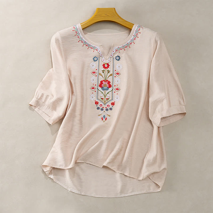 Buddha Stones Frühlings-Boho-T-Shirts mit Stickerei und ellbogenlangen Ärmeln für Damen - Beige - US16, UK/AU20, EU48 (3XL) - image 13