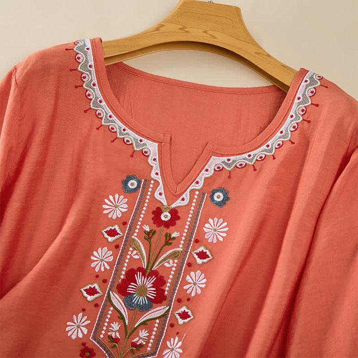 Buddha Stones Frühlingshafte Boho-T-Shirts für Damen aus Baumwoll-Leinen-Mischgewebe mit Stickerei und Ellbogenlänge - image 2