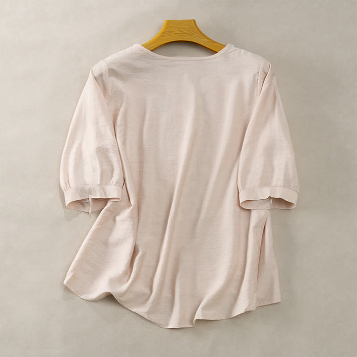 Buddha Stones Frühlingshafte Boho-T-Shirts für Damen aus Baumwoll-Leinen-Mischgewebe mit Stickerei und Ellbogenlänge - image 14