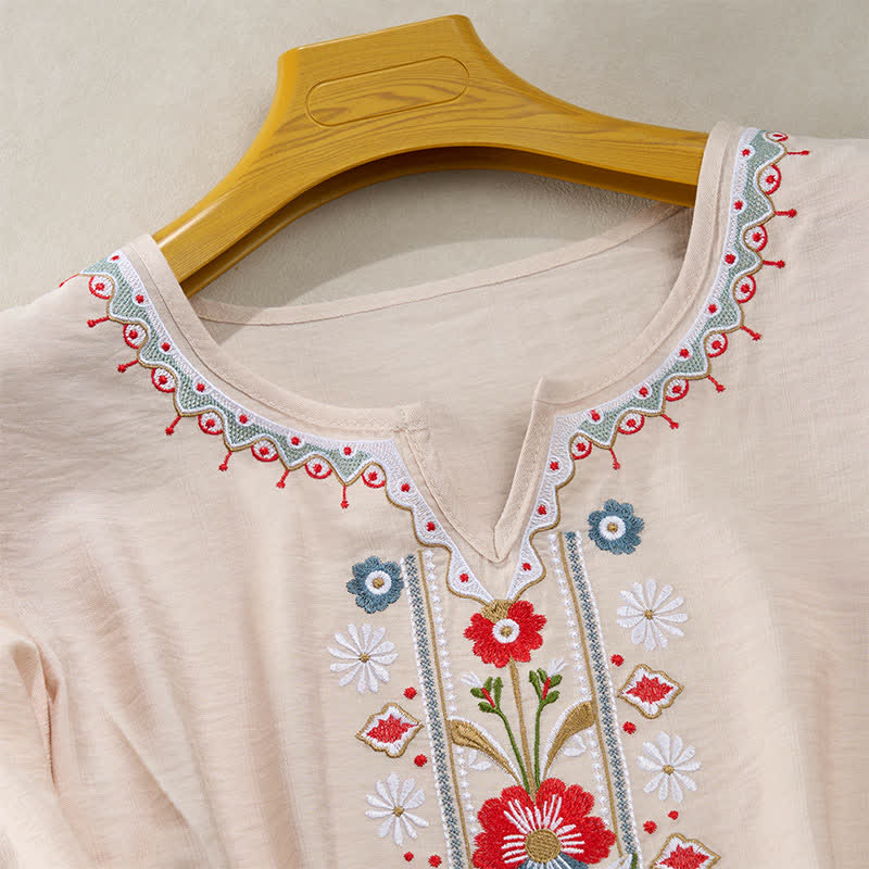Buddha Stones Frühlingshafte Boho-T-Shirts für Damen aus Baumwoll-Leinen-Mischgewebe mit Stickerei und Ellbogenlänge - image 15