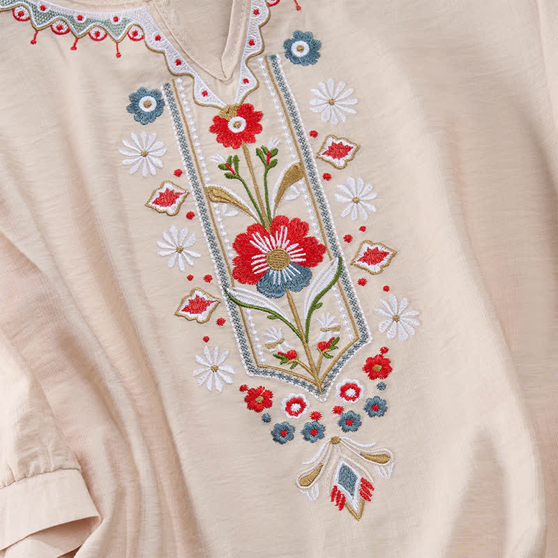 Buddha Stones Frühlings-Boho-T-Shirts mit Stickerei und ellbogenlangen Ärmeln für Damen - image 16