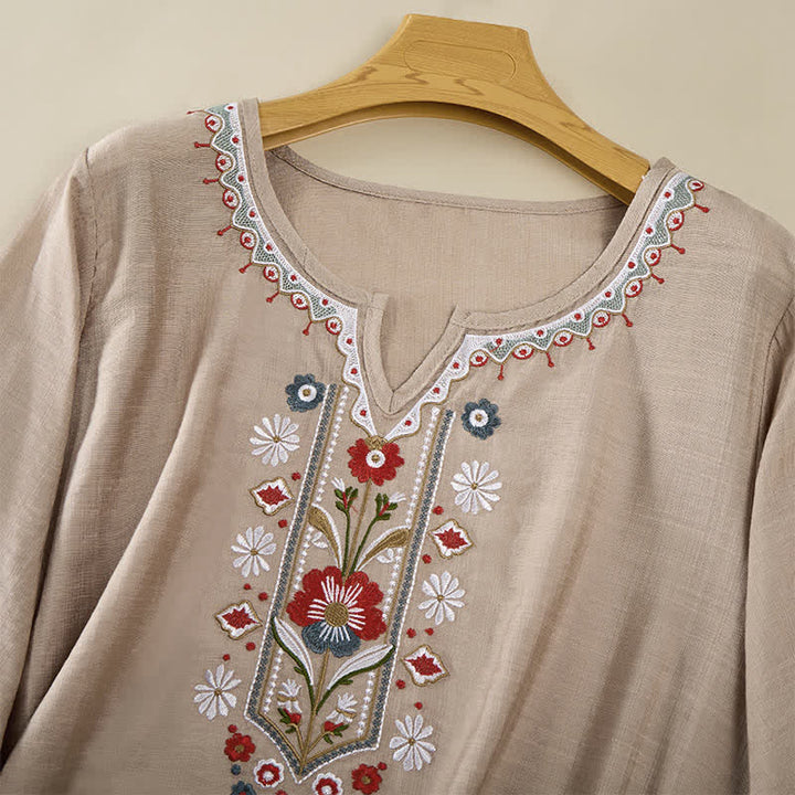 Buddha Stones Frühlingshafte Boho-T-Shirts für Damen aus Baumwoll-Leinen-Mischgewebe mit Stickerei und Ellbogenlänge - image 20