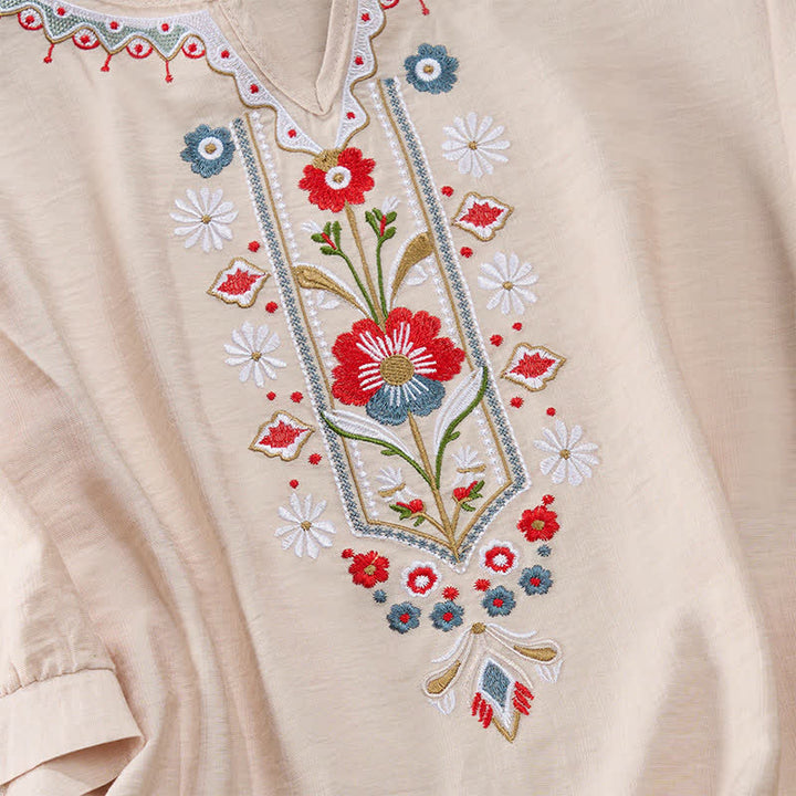 Buddha Stones Frühlingshafte Boho-T-Shirts für Damen aus Baumwoll-Leinen-Mischgewebe mit Stickerei und Ellbogenlänge - image 16