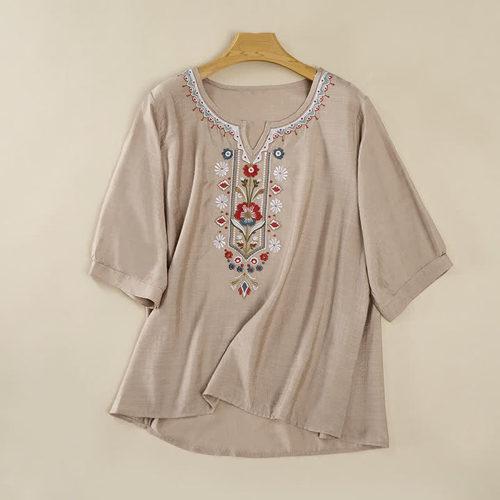 Buddha Stones Frühlings-Boho-T-Shirts mit Stickerei und ellbogenlangen Ärmeln für Damen - Dunkelkhaki - US16, UK/AU20, EU48 (3XL) - image 18
