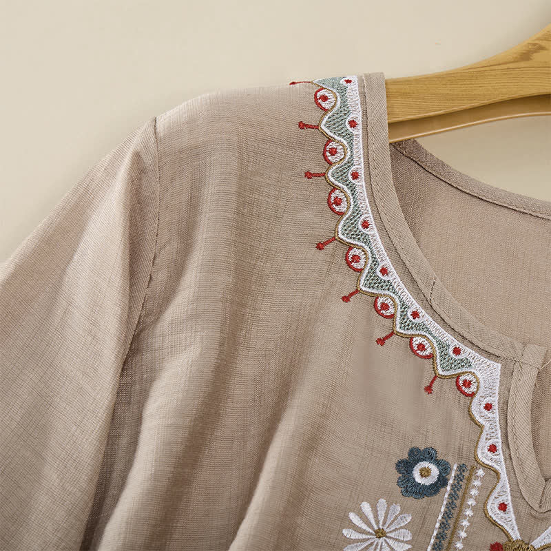 Buddha Stones Frühlingshafte Boho-T-Shirts für Damen aus Baumwoll-Leinen-Mischgewebe mit Stickerei und Ellbogenlänge - image 21