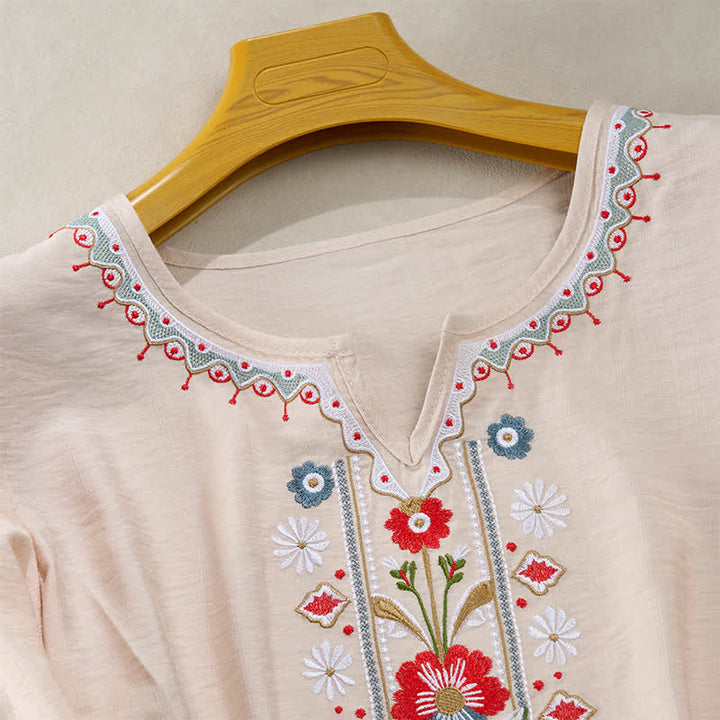 Buddha Stones Frühlings-Boho-T-Shirts mit Stickerei und ellbogenlangen Ärmeln für Damen - image 15