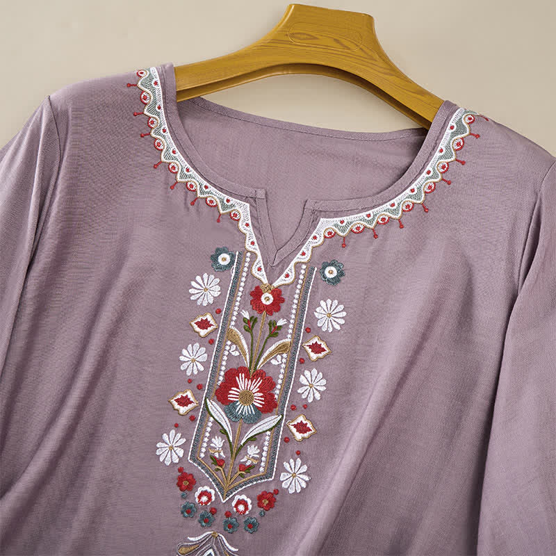 Buddha Stones Frühlings-Boho-T-Shirts mit Stickerei und ellbogenlangen Ärmeln für Damen - image 9