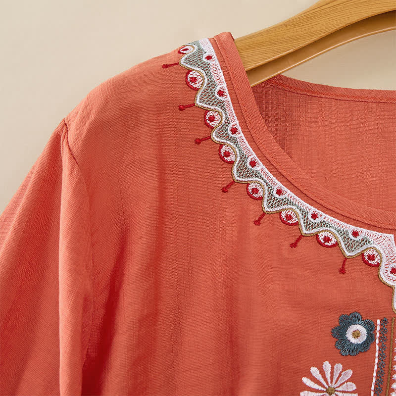 Buddha Stones Frühlings-Boho-T-Shirts mit Stickerei und ellbogenlangen Ärmeln für Damen - image 3