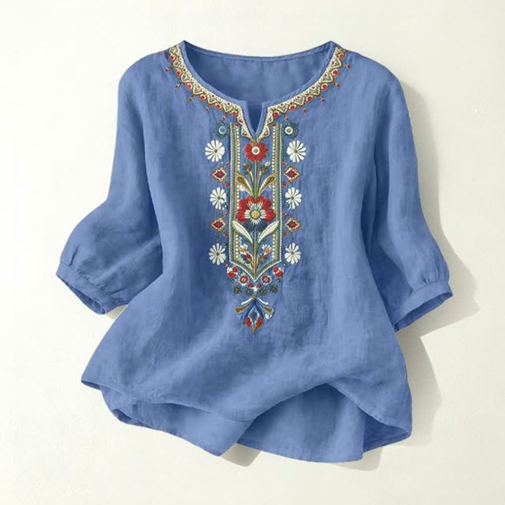 Buddha Stones Frühlingshafte Boho-T-Shirts für Damen aus Baumwoll-Leinen-Mischgewebe mit Stickerei und Ellbogenlänge - Denimblau - US16, UK/AU20, EU48 (3XL) - image 26