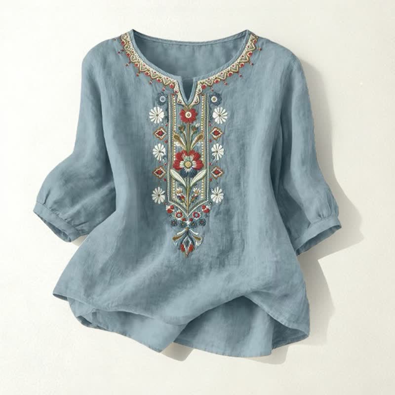 Buddha Stones Frühlingshafte Boho-T-Shirts für Damen aus Baumwoll-Leinen-Mischgewebe mit Stickerei und Ellbogenlänge - Türkis - US16, UK/AU20, EU48 (3XL) - image 25