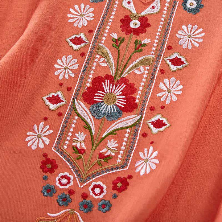 Buddha Stones Frühlingshafte Boho-T-Shirts für Damen aus Baumwoll-Leinen-Mischgewebe mit Stickerei und Ellbogenlänge - image 4