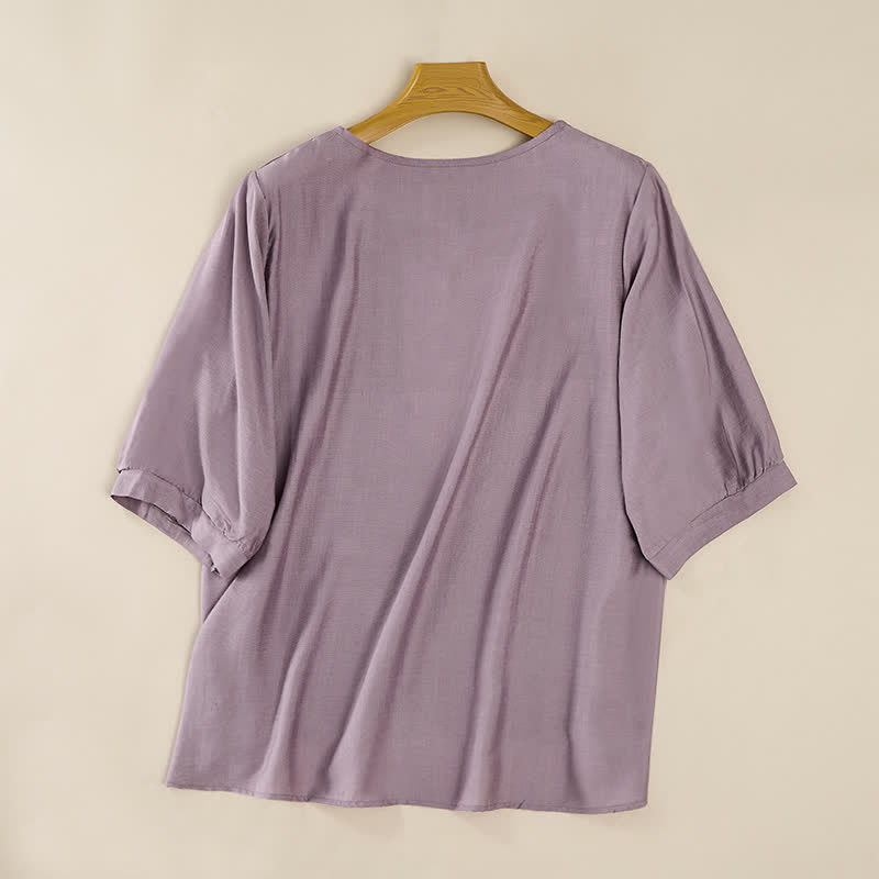 Buddha Stones Frühlingshafte Boho-T-Shirts für Damen aus Baumwoll-Leinen-Mischgewebe mit Stickerei und Ellbogenlänge - image 8