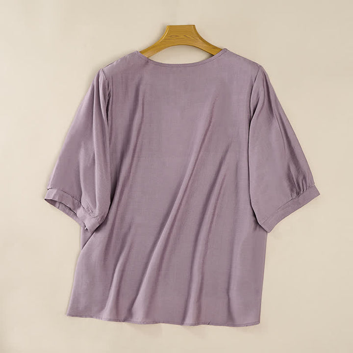 Buddha Stones Frühlingshafte Boho-T-Shirts für Damen aus Baumwoll-Leinen-Mischgewebe mit Stickerei und Ellbogenlänge - image 8