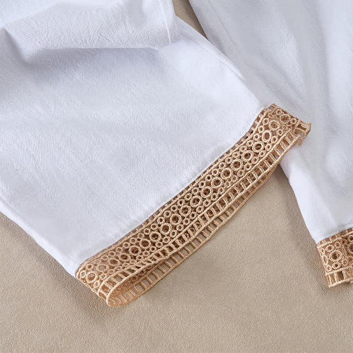 Buddha Stones Sommerliche, einfarbige Damenhose mit schmal zulaufendem Bein und Taschen, verziert mit Spitzensaum am Saum - image 8