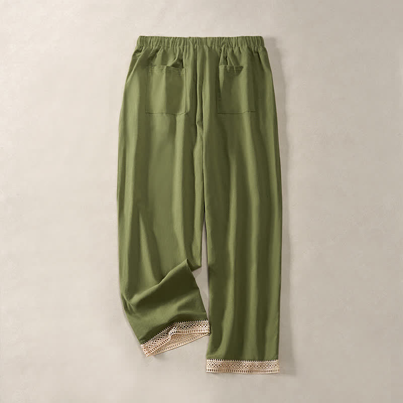 Buddha Stones Sommerliche, einfarbige Damenhose mit schmal zulaufendem Bein und Taschen, verziert mit Spitzensaum am Saum - image 28