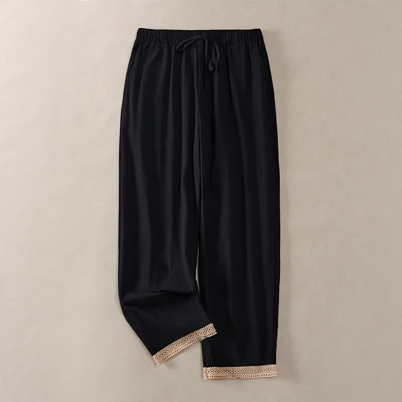 Buddha Stones Sommerliche, einfarbige Damenhose mit schmal zulaufendem Bein und Taschen, verziert mit Spitzensaum am Saum - Schwarz - US14, UK/AU18, EU46 (2XL) - image 16