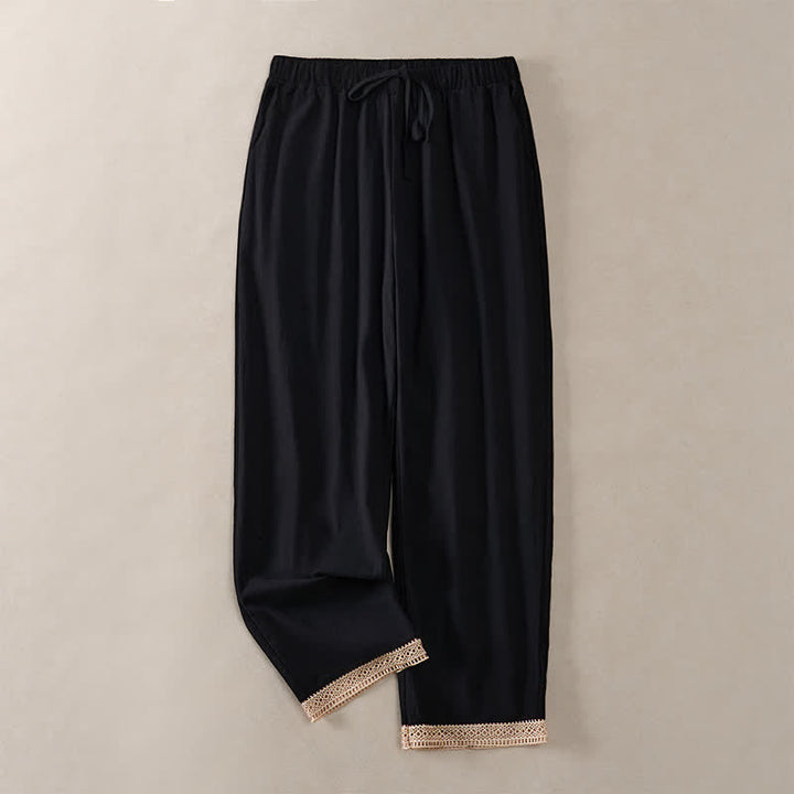 Buddha Stones Sommerliche, einfarbige Damenhose mit schmal zulaufendem Bein und Taschen, verziert mit Spitzensaum am Saum - Schwarz - US14, UK/AU18, EU46 (2XL) - image 16