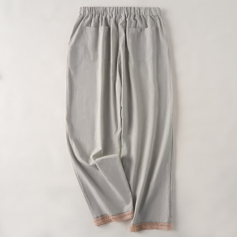Buddha Stones Sommerliche, einfarbige Damenhose mit schmal zulaufendem Bein und Taschen, verziert mit Spitzensaum am Saum - image 10