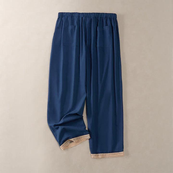 Buddha Stones Sommerliche, einfarbige Damenhose mit schmal zulaufendem Bein und Taschen, verziert mit Spitzensaum am Saum - image 41