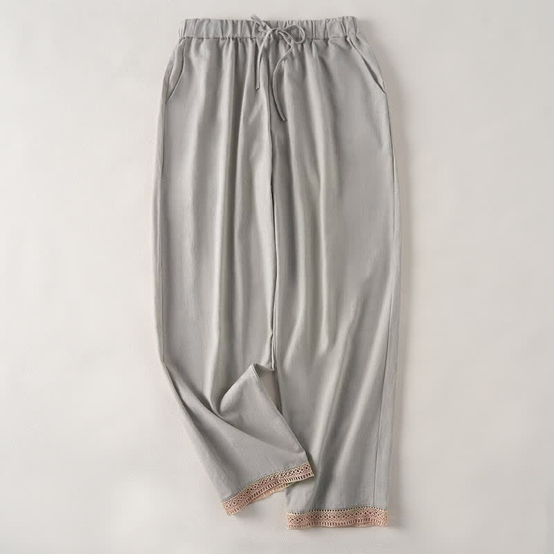 Buddha Stones Sommerliche, einfarbige Damenhose mit schmal zulaufendem Bein und Taschen, verziert mit Spitzensaum am Saum - Hellgrau - US14, UK/AU18, EU46 (2XL) - image 9